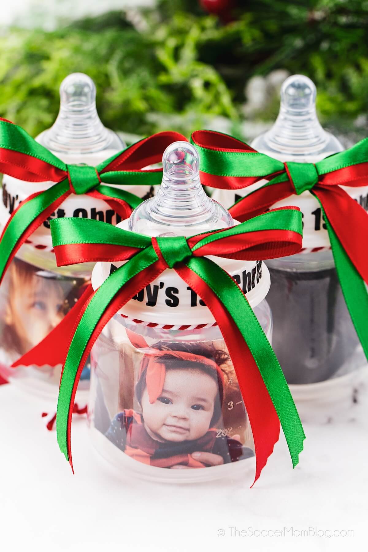 3 baby bottle Christmas ornaments with baby photo inside