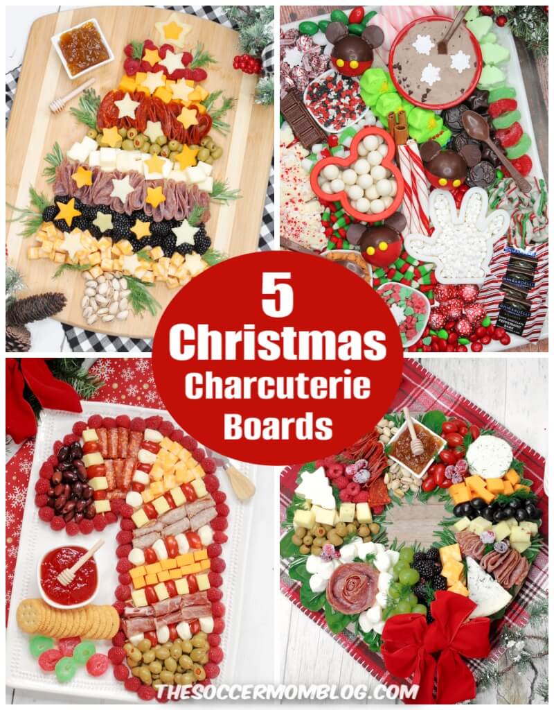 collage of 4 holiday charcuterie ideas; text overlay "Christmas Charcuterie Boards"