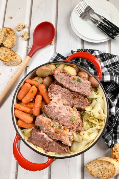 Top down view of Dutch Oven Corned Beef