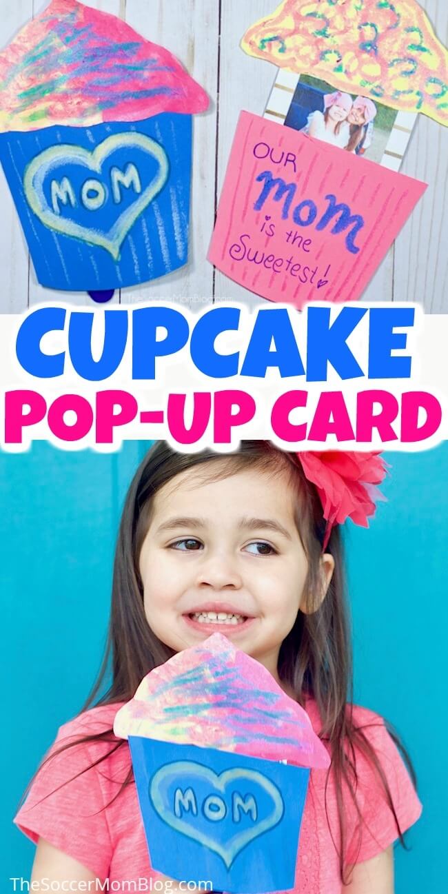 2 photo collage of a kid-made cupcake card, with child holding the craft