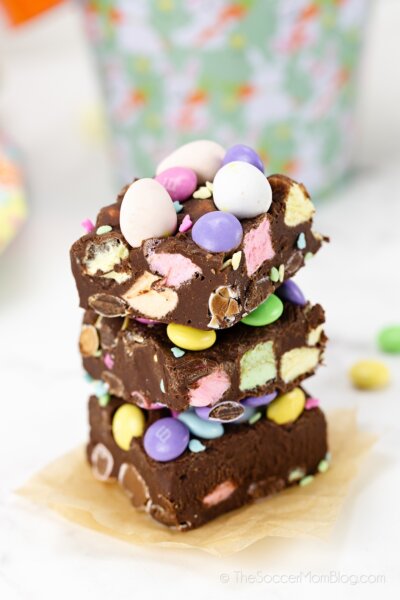 stack of chocolate Easter fudge with candy inside