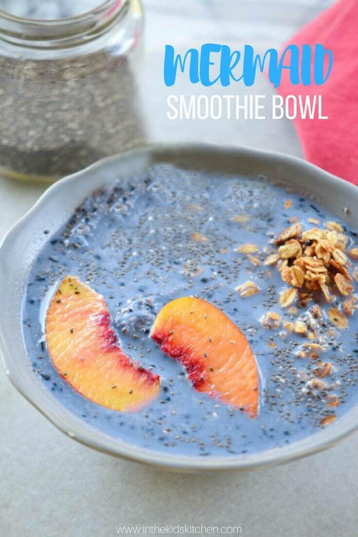 Mermaid smoothie bowl with blueberries and peaches