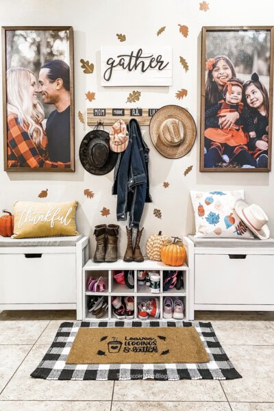 fall entryway decorated with leaf cutouts