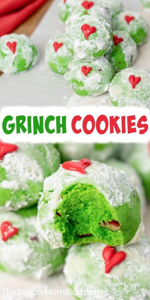 green Christmas cookies with red heart decoration, inspired by the Grinch