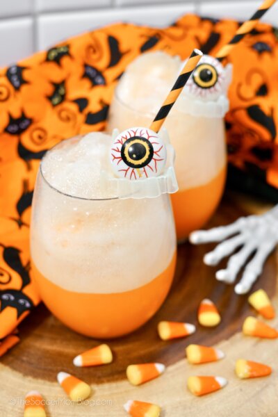 Halloween Floats made with orange soda and garnished with plastic eyeballs