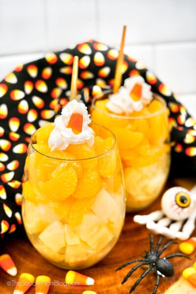 Halloween Fruit Parfaits, layered to look like candy corn