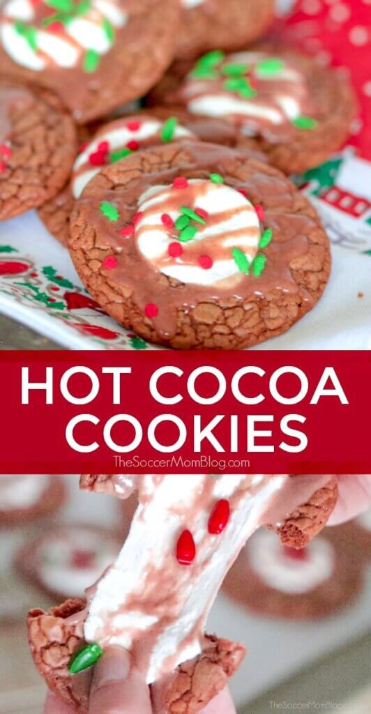 These hot chocolate cookies taste like a warm mug of cocoa, only better! Rich & chewy hot cocoa cookies are the perfect treat for snowy days or as a part of a holiday cookie spread.