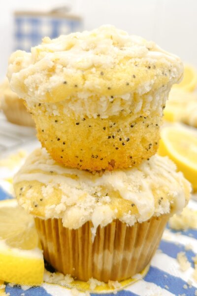 2 lemon poppyseed muffins stacked on top of each other