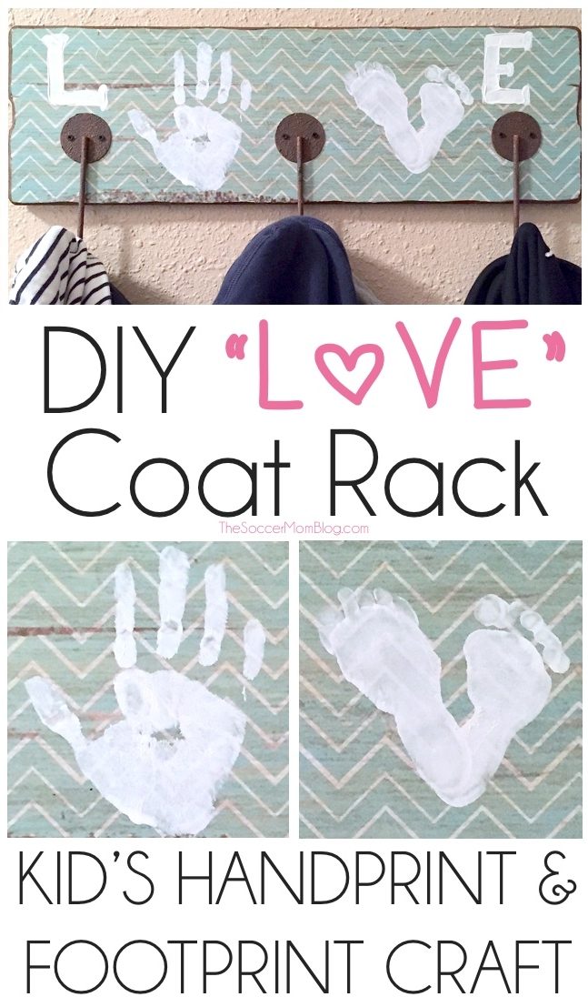 This "LOVE" Kids Footprint and Handprint Coat Rack is an adorable keepsake gift or personalized touch to your home decor! (Plus it's functional!)