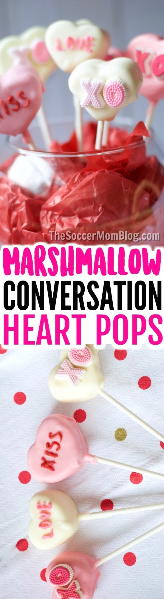 Chocolate-dipped Conversation Heart Marshmallow Pops are easy enough for kids to make and absolutely adorable Valentine's Day gifts!