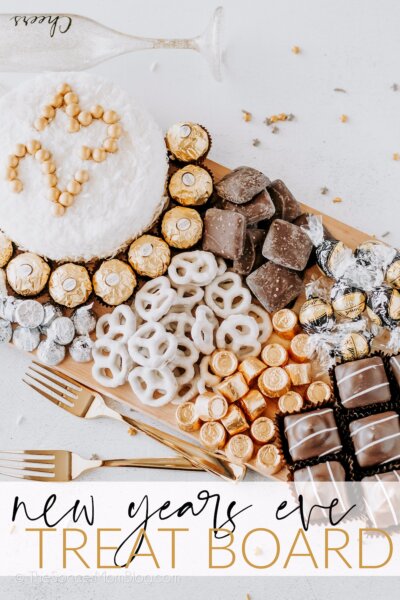 a New Year's Eve dessert charcuterie board with chocolates and candies