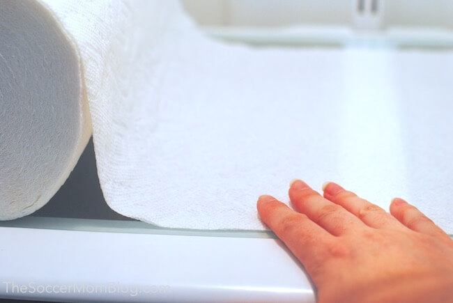 Covering fridge shelves with Bounty paper towels