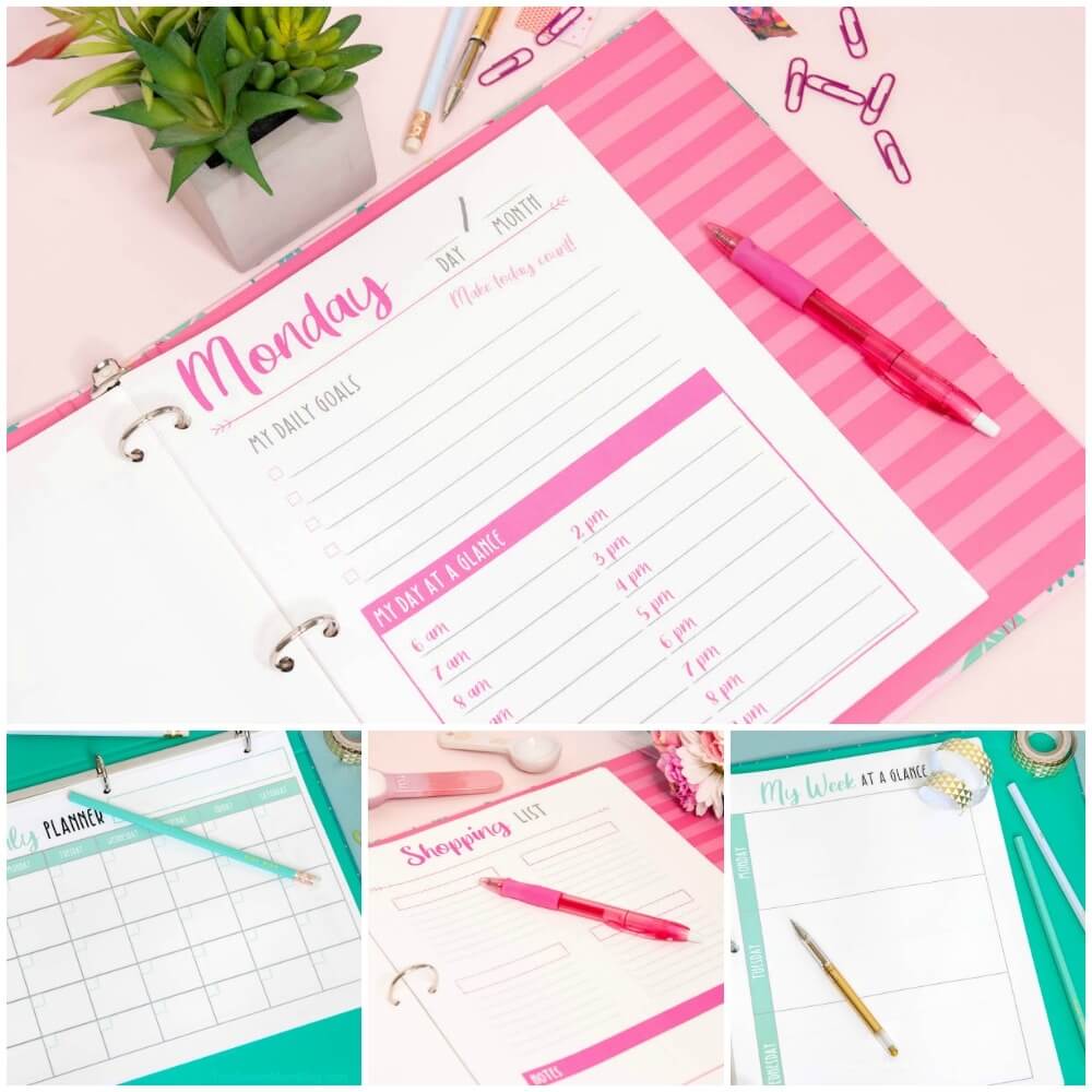 printable planner in binder - pink and teal