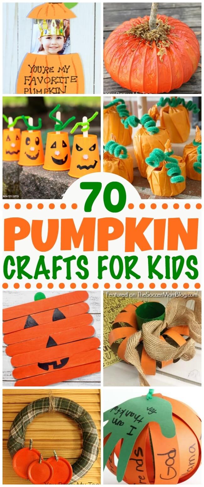 An absolutely HUGE collection of pumpkin crafts for kids! Paper crafts, games, pumpkin decorating ideas, upcycled crafts, Halloween, Thanksgiving, & more!