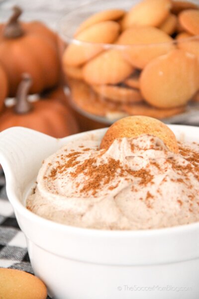 pumpkin fluff dip with cookie in it, and a bowl of vanilla wafers