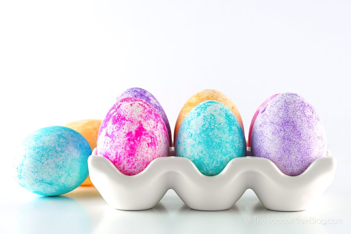 small carton of colorful speckled Easter eggs