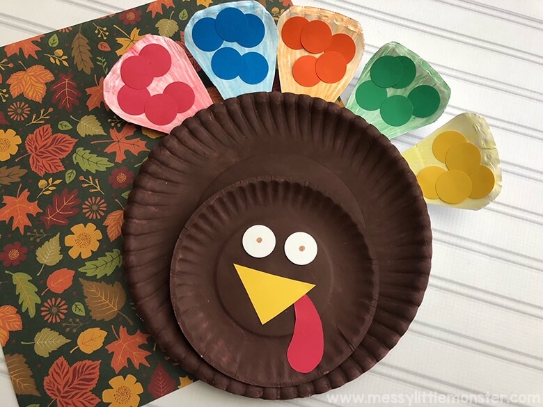 paper plate turkey with colorful dots on feathers.