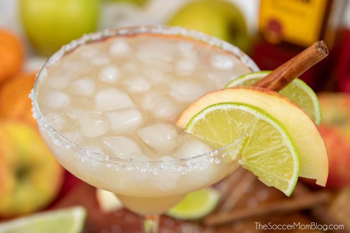 close up of a fall themed margarita with apple and cinnamon