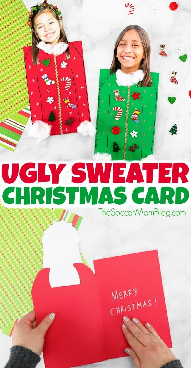 It may be called an "ugly sweater" but this Ugly Sweater Christmas Card is one of the CUTEST kid-made Christmas card ideas ever! And it's super easy to make!