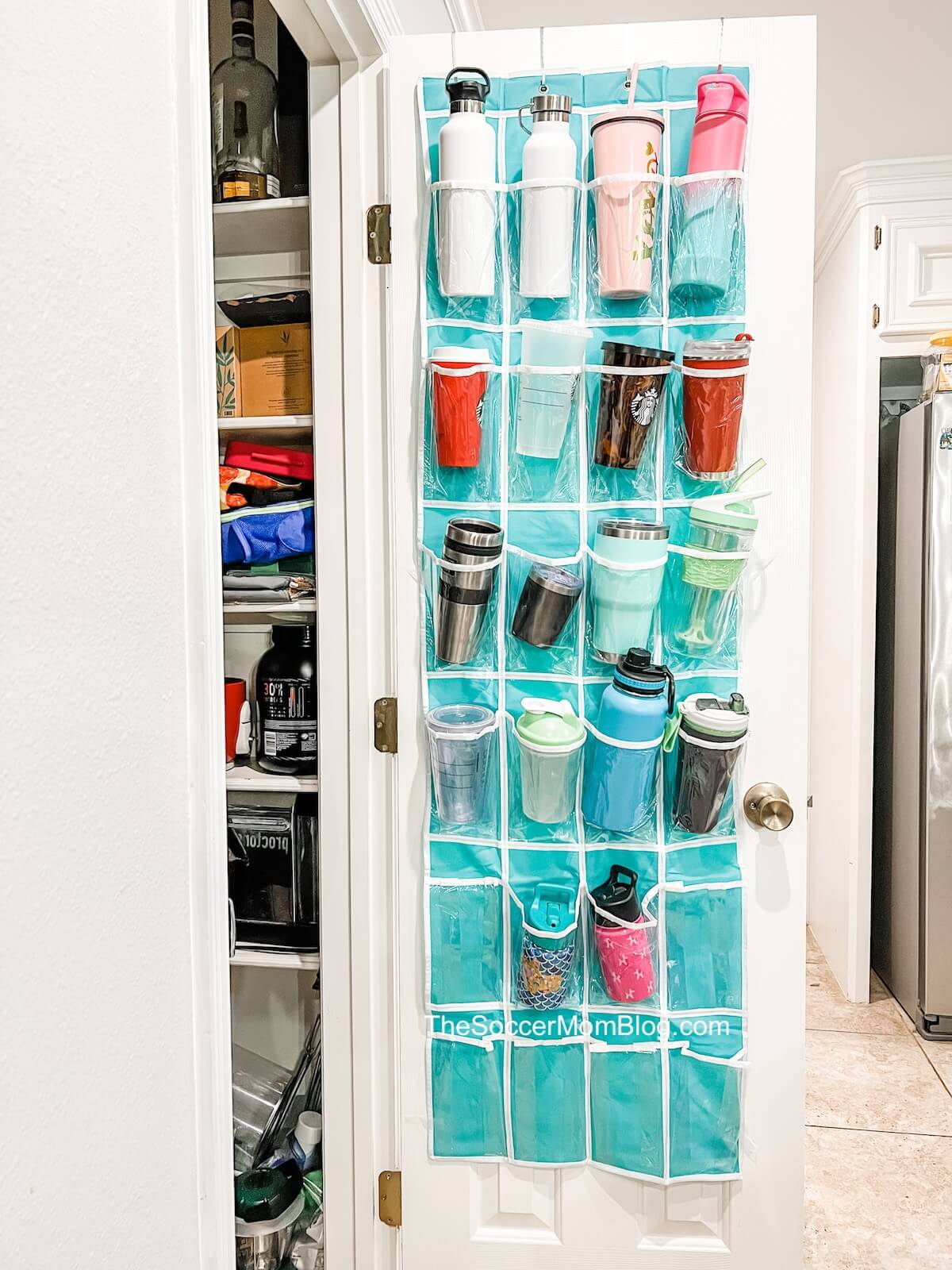 hanging shoe rack used to store reusable water bottles