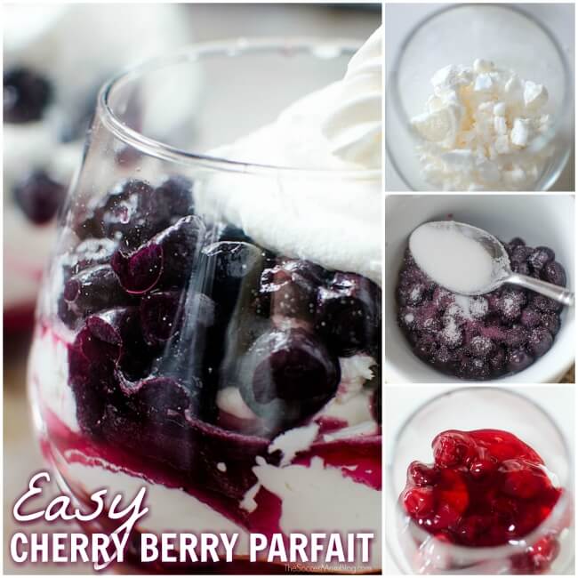 This light, yet luscious Cherry Berry Parfait is a fun & easy summer dessert. A gorgeous red, white, & blue layered treat perfect for a 4th of July party.