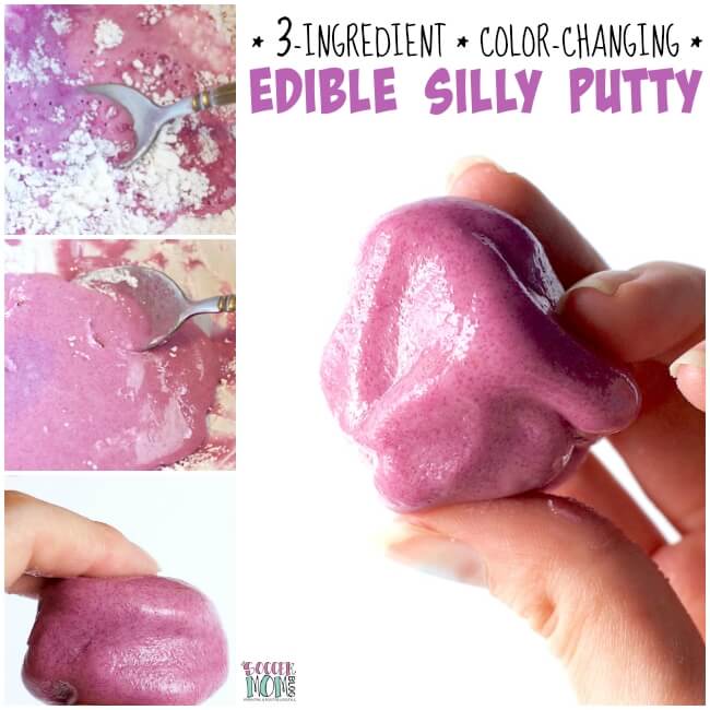 Easy, non-toxic, & only 3 ingredients! This recipe for edible silly putty changes colors while you mix it! A fun, safe slime alternative (No glue required!)