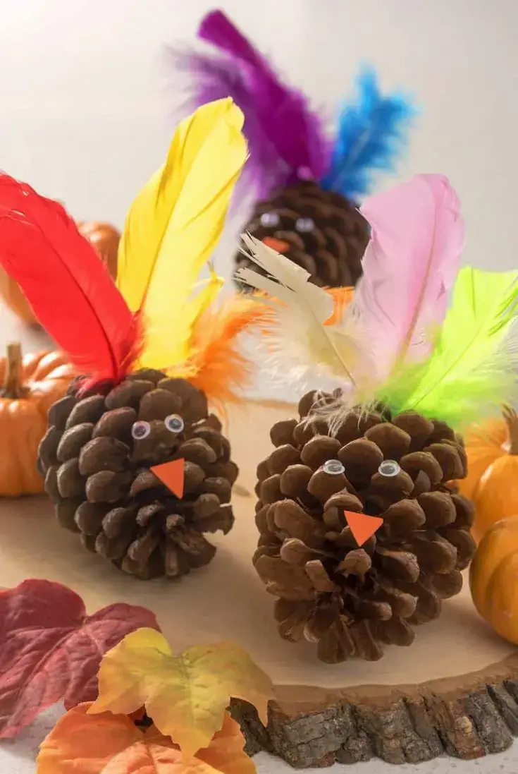 pine cones with feathers decorated to look like turkeys.